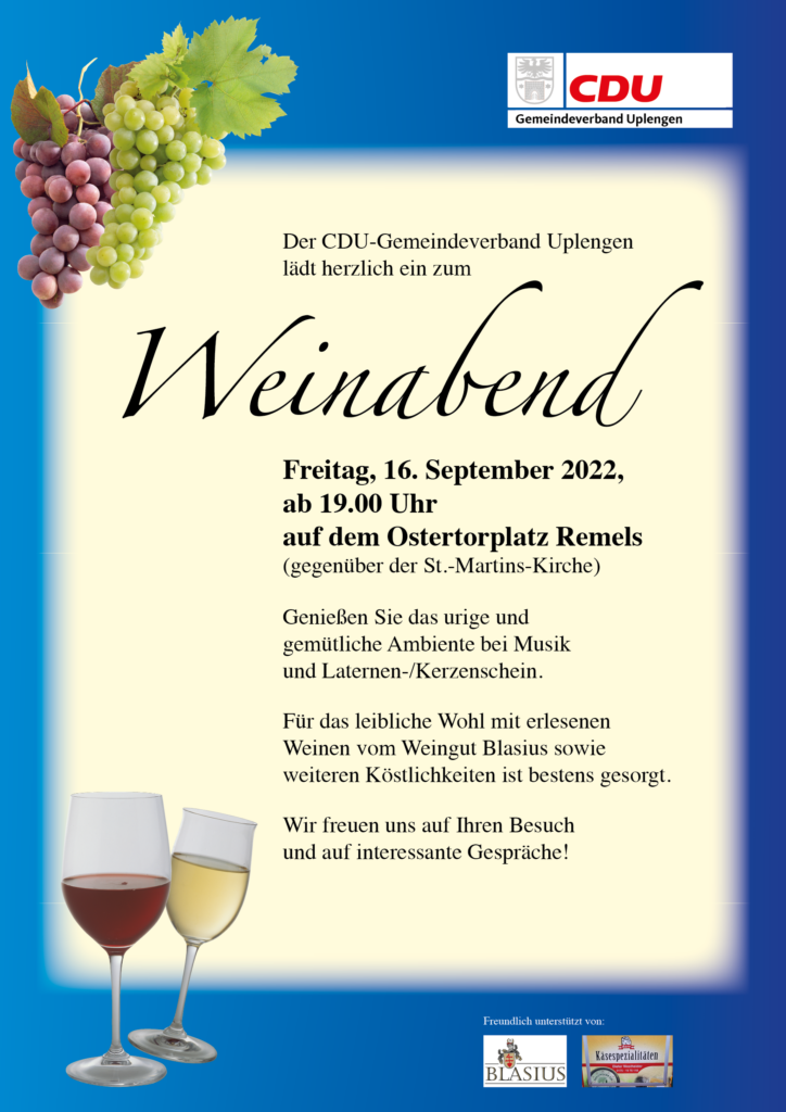 Der CDU-Gemeindeverband Uplengen lädt herzlich ein zum Weinabend 2022