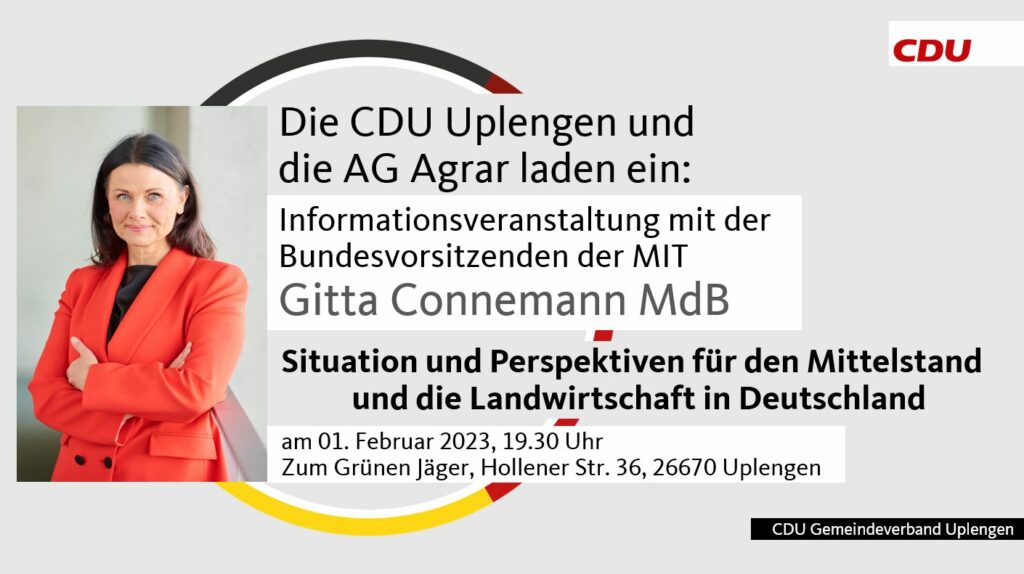 Einladung zum Infoabend mit Gitta Connemann MdB zur Situation und Perspektiven für den Mittelstand und die Landwirtschaft in Deutschland